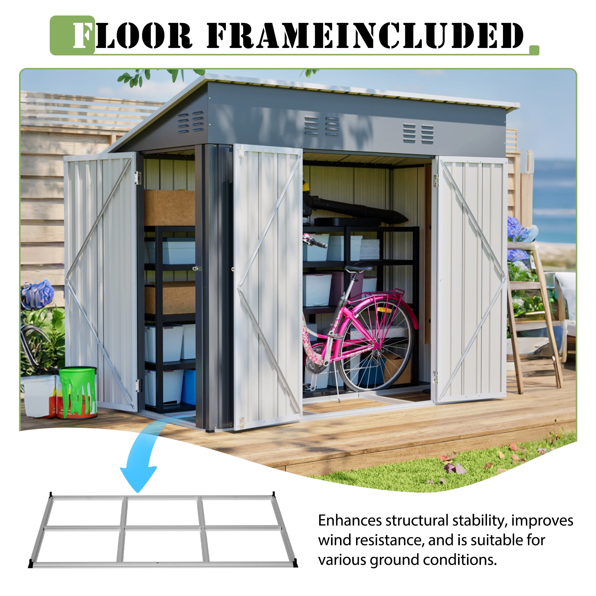 LZBEITEM 8 x 4 ft Outdoor Metal Storage Shed, Small Metal Sheds & Garden Tool Shed with Galvanized Floor Frame Kit Lockable for Garden, Backyard