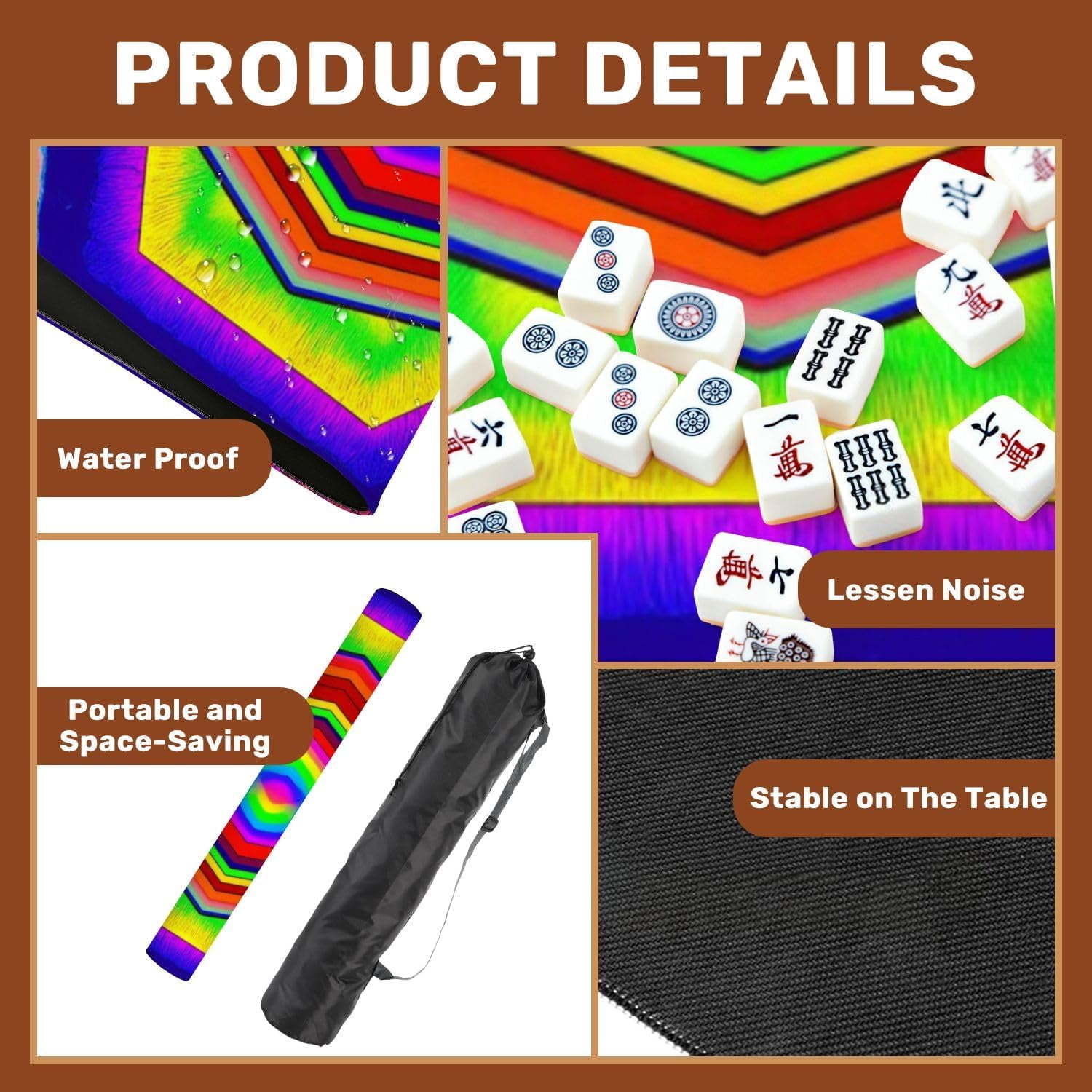 Mahjong Mat 31.5" x 31.5" Vibrant Rainbow Hexagonal Geometric Layers Non-Slip Noise Reduction Mahjong Tiles Table Cover for Dominoes Poker Card Board and Tile Games Gift