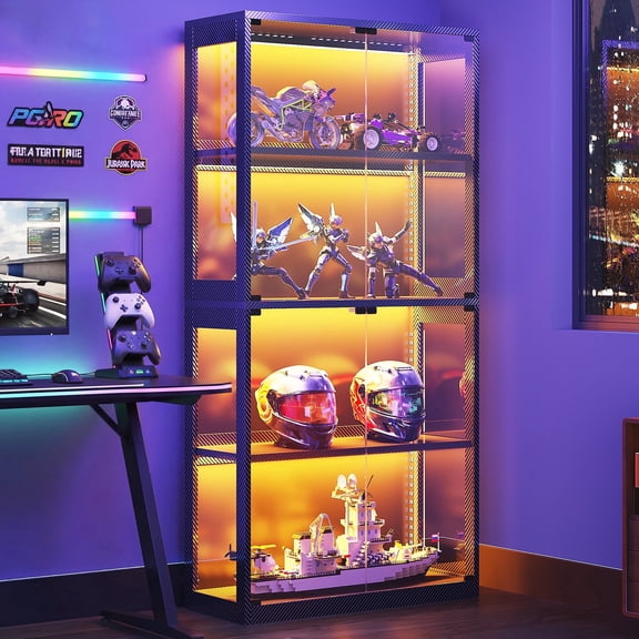 RGB LED Display Cabinet with Glass Door, 4 Shelf Collectibles Display Case with Acrylic Side Panels, Gaming Curio Cabinet with Storage, Black Showcase Cabinet for Game Room Bedroom
