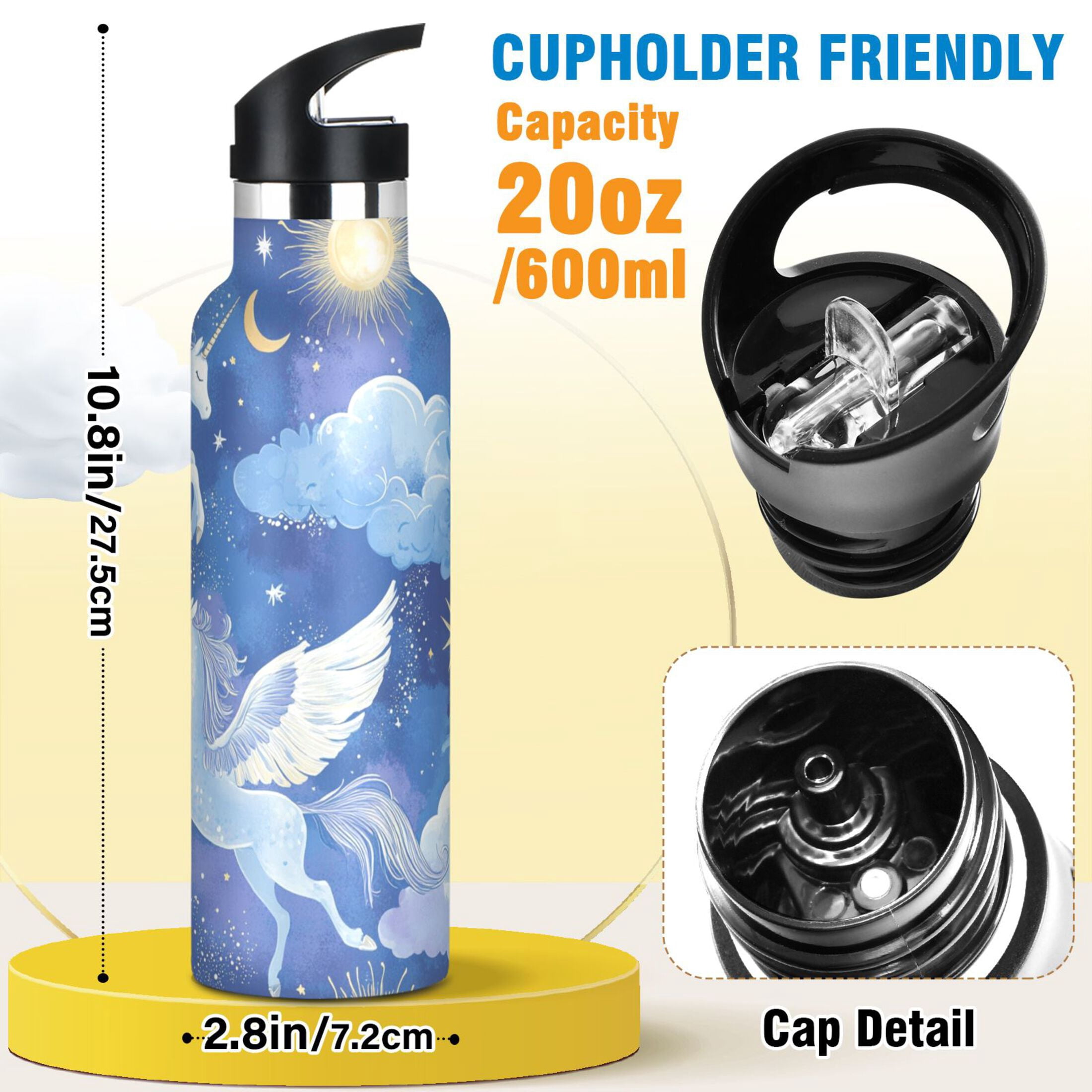 Kids Insulated Stainless Steel Sports Water Bottle 600ml (20oz) Enchanting Unicorn Pattern