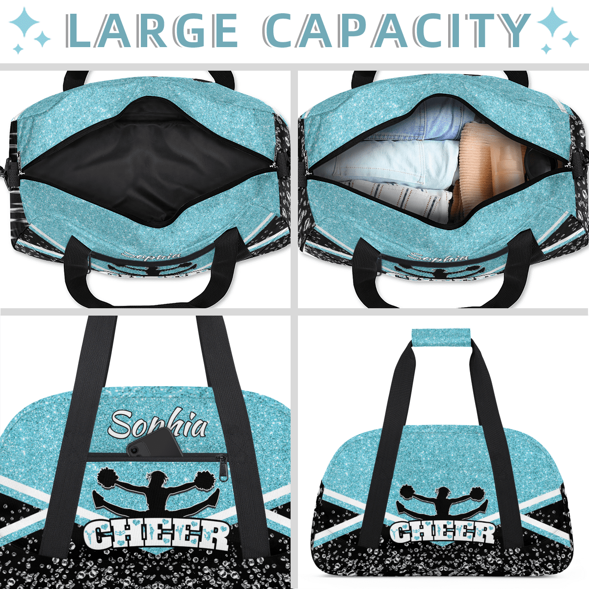 Jiaoprinted Personalized Cheerleader Bag Dance Bag, Custom Sport Gym Bag with Name, Customized Travel Duffel Bag for Cheer Team, Azure Glitter