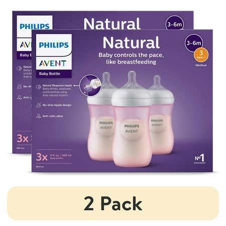 (2 pack) Philips Avent Natural Baby Bottles, Medium Flow, 9oz, Pink, 3-Pack, SCY903/13