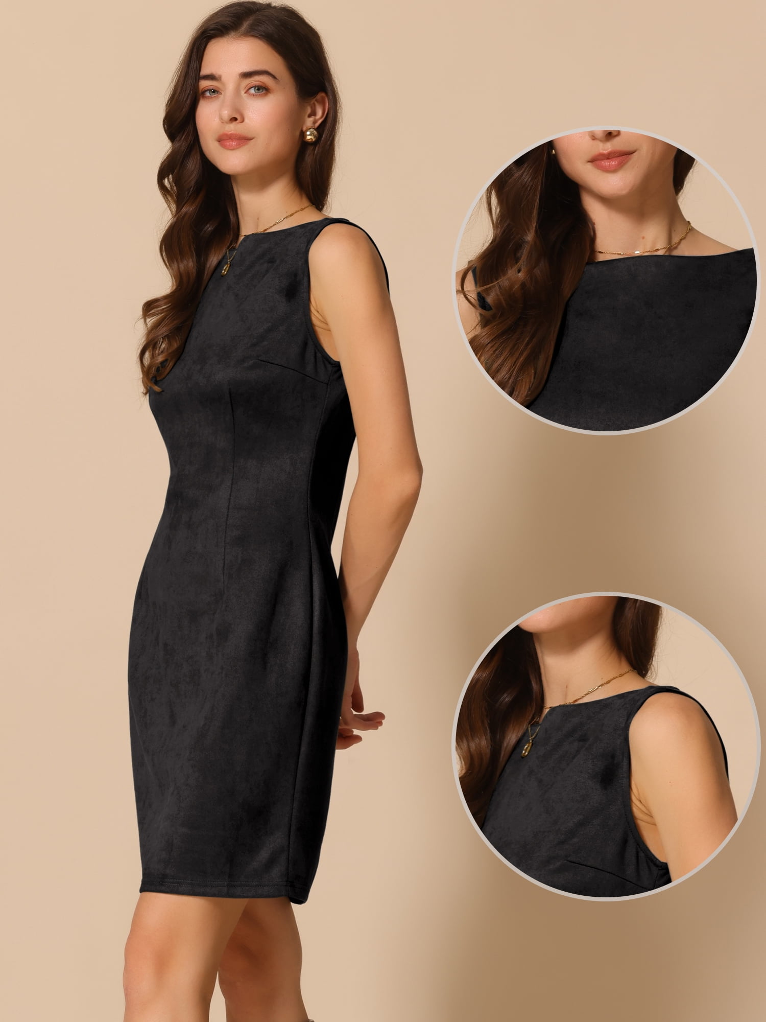 DARING DIVA Faux Suede Boat Neck Sleeveless Sheath Dress XS Black