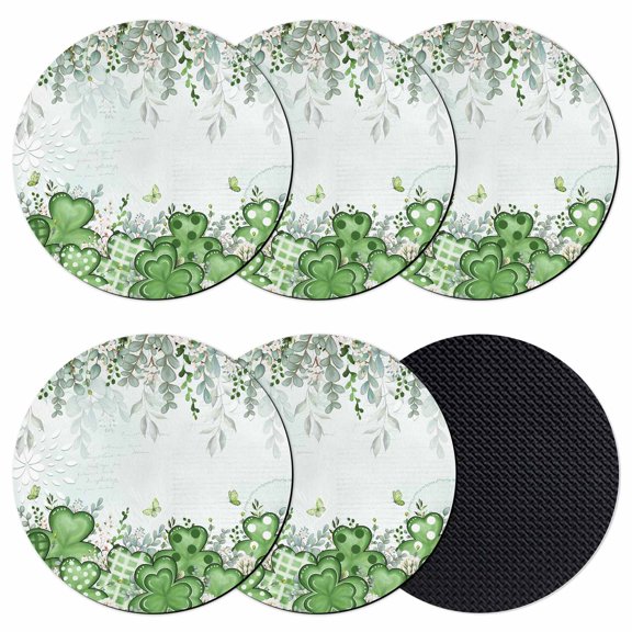St. Patrick's Coasters Set of 6, Absorbent Coasters for Drinks, Luck Shamrock Eucalyptus Leaves Flowers Blue Coaster for Desk Coffee Table Protection, Home Decor House Warming Gifts 4"
