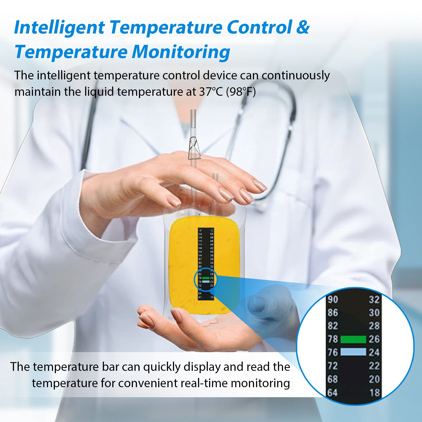 Electric U/Rine Warmer & Liquid Heater withTemperature Display, 37°C/98.6°F Constant Temperature for Up to 10 Hours, Real-Time Monitoring, Uniform Heating, with Heating Pad, Five Liquid Bags