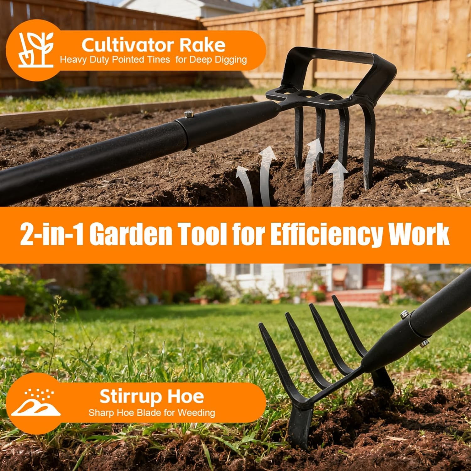 Garden Hoe, 62 Inch Weed Tool, Long Soil Tiller Cultivator, Heavy Duty Metal Stirrup Hoe Weeder Scraper Rake for Flower Beds, Patio, Garden Loosening Soil Weeding Digging