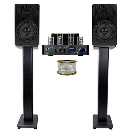 Rockville BluTube LED Tube Amplifier Amp (2) 6.5" Bookshelf Home Speakers Stands