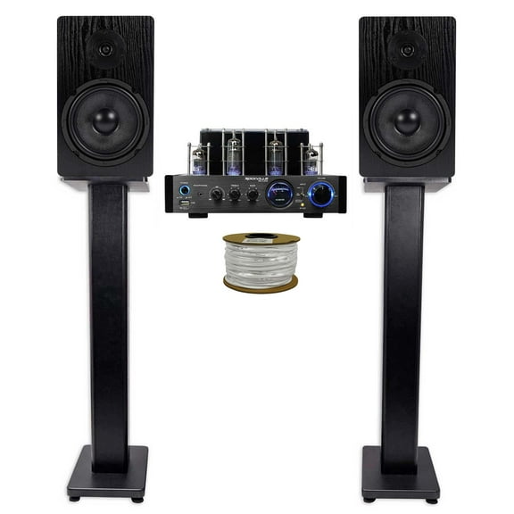 Rockville BluTube LED Tube Amplifier Amp (2) 6.5" Bookshelf Home Speakers Stands