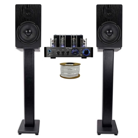 Rockville BluTube LED Tube Amplifier Amp+(2) 6.5 Bookshelf Home Speakers+Stands