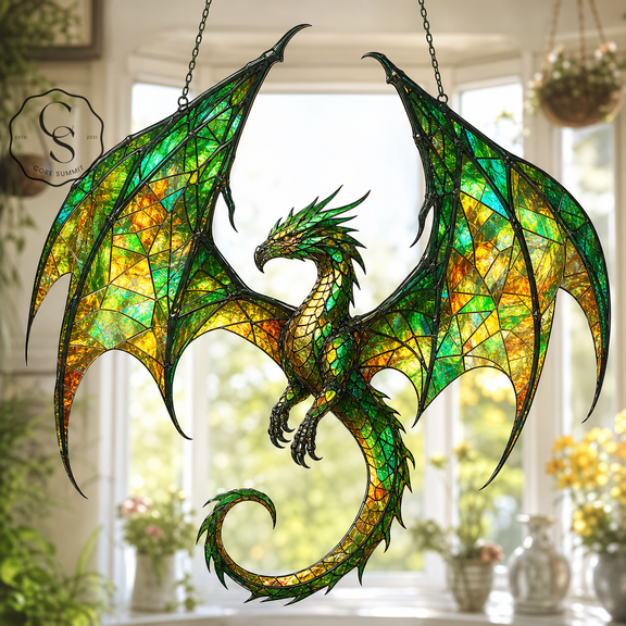 Dragon Suncatcher Green Gold Wyvern Window Hanging Ornament for Fantasy Decor