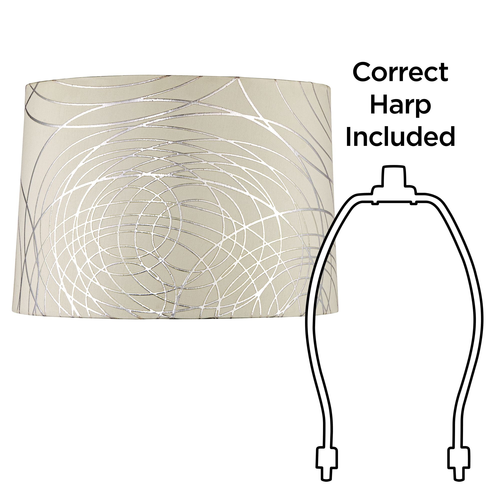 Springcrest Set of 2 Drum Lamp Shades Off-White Silver Circles Medium 15" Top x 16" Bottom x 11" High Spider with Harp and Finial