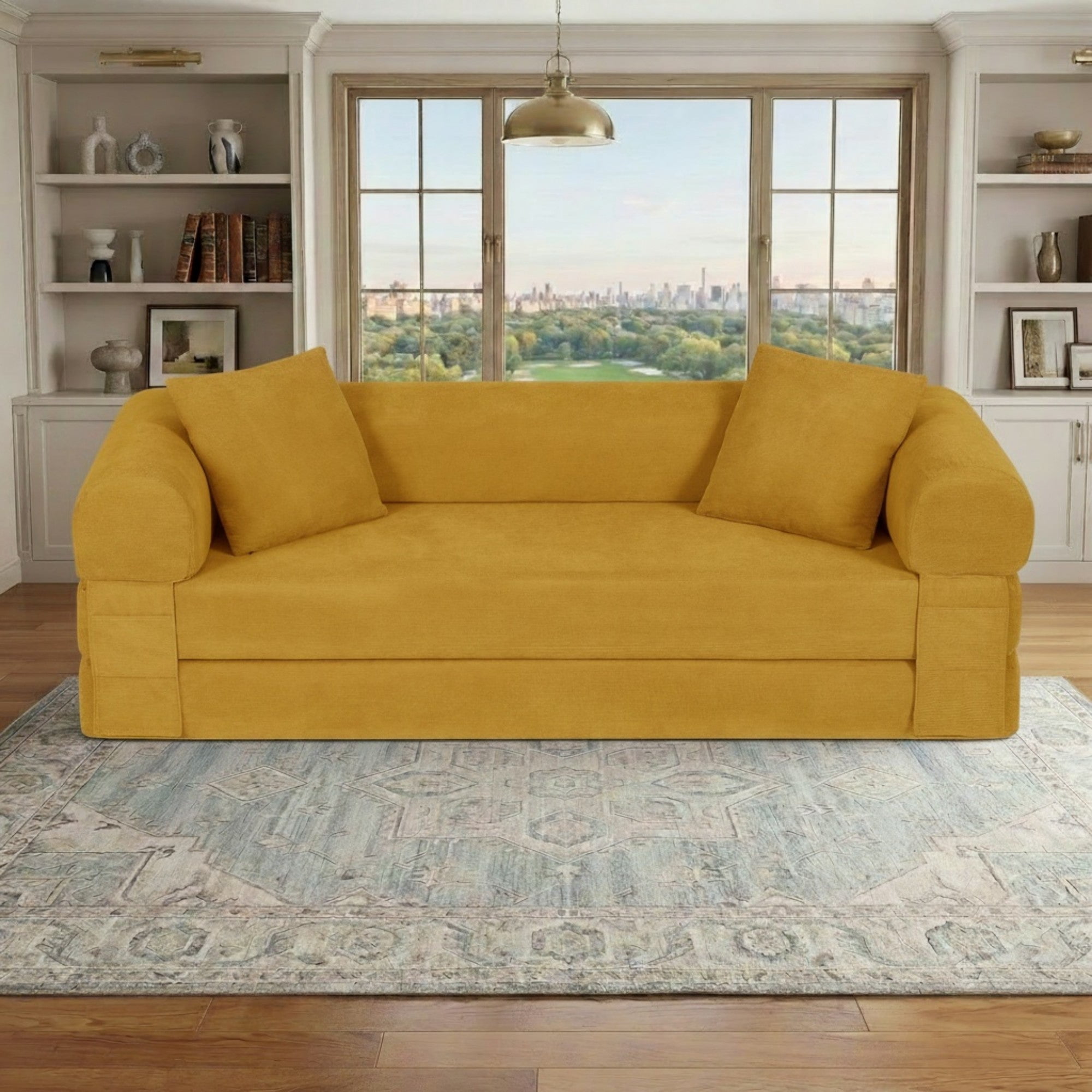 Sailvan 80 Inch Convertible Sofa Bed Queen Size Corduroy Sleeper Couch Boneless Floor Sofa with Storage Pockets No Assembly Couch in a Box Yellow