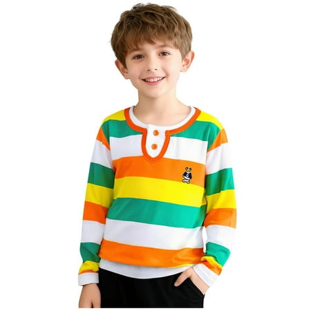 AHTJRT Kids Henley Shirt Long Sleeve Striped Color Block Tshirts Casual Cotton Comfy Soft Pullover Tops Casual 2026 Lounge Outdoor Tee Tops Yellow 14-15 Years