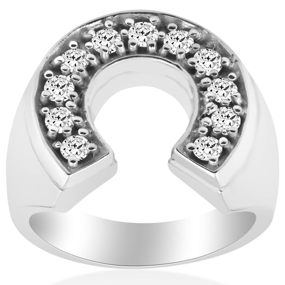 3/4 Ct Men's Diamond Horseshoe Lucky Pinkie Ring 10k White Gold Fashion