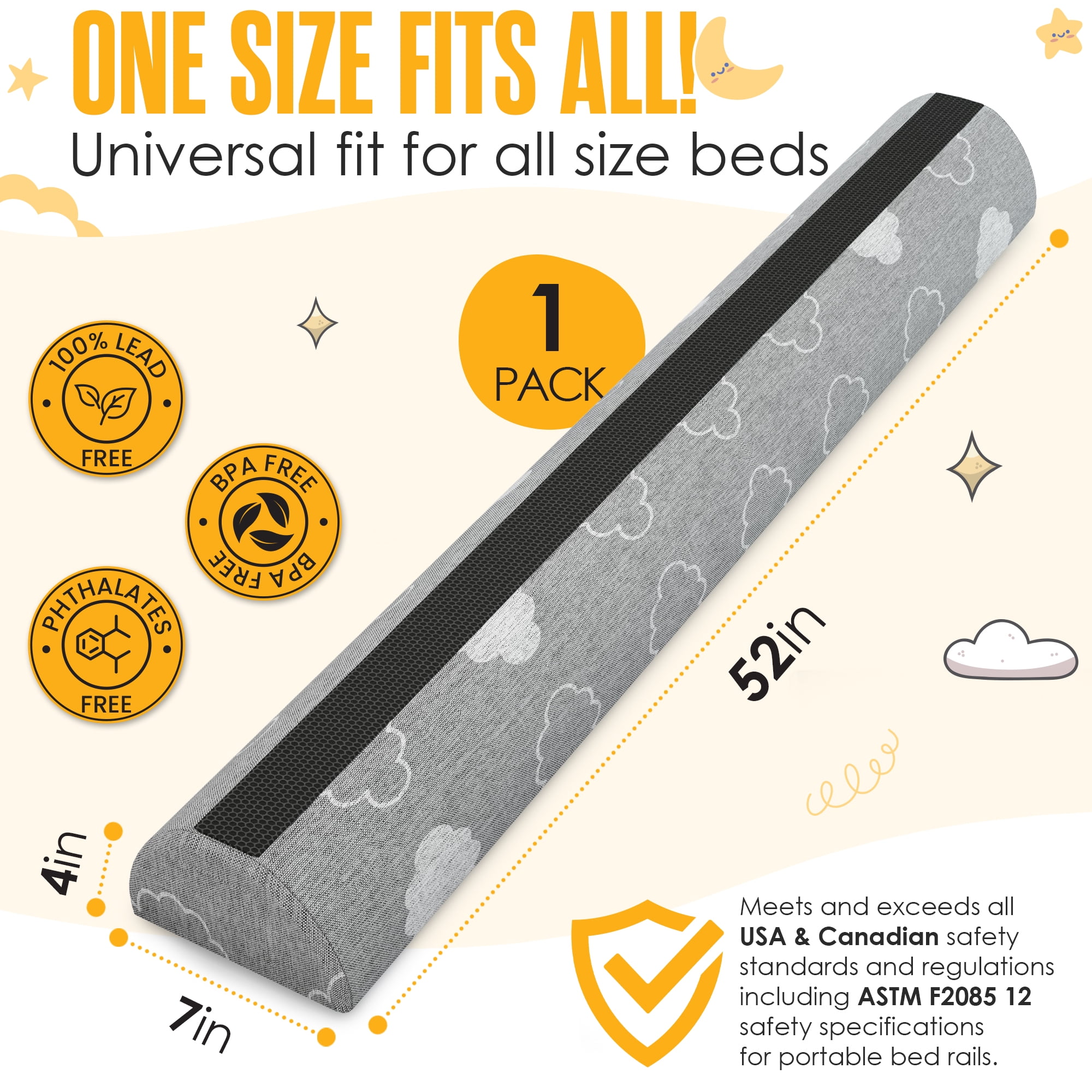 Sleepah Bed Rail for Toddlers Memory Foam Bed Bumper Guard w Dual Non-Slip Pads Waterproof Washable Removable Cover