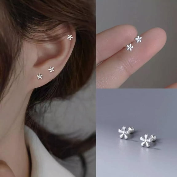 GKNET Women's Tiny Silver Flower Screw Back Ear Stud Trendy Earrings Surgical Steel
