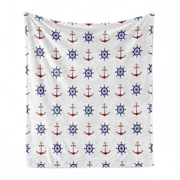 Anchor Soft Flannel Fleece Throw Blanket, Maritime Design Anchors and Ship Wheels on the White Background Art Print, Cozy Plush for Indoor and Outdoor Use, 50" x 60", Navy Blue and Ruby, by Ambesonne