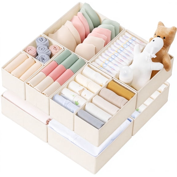 Drawer Organizer Clothes, 10 Pack Dresser Organizer for Baby Clothes, Underwear, Sock- Foldable Closet Organization and Storage Dividers Bins for Nursery, Bedroom (Beige)
