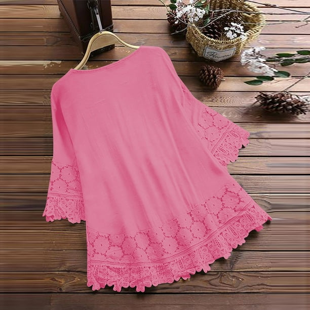 Amzcrzy Womens Tops Fashion Lace Cotton Linen Shirts Casual