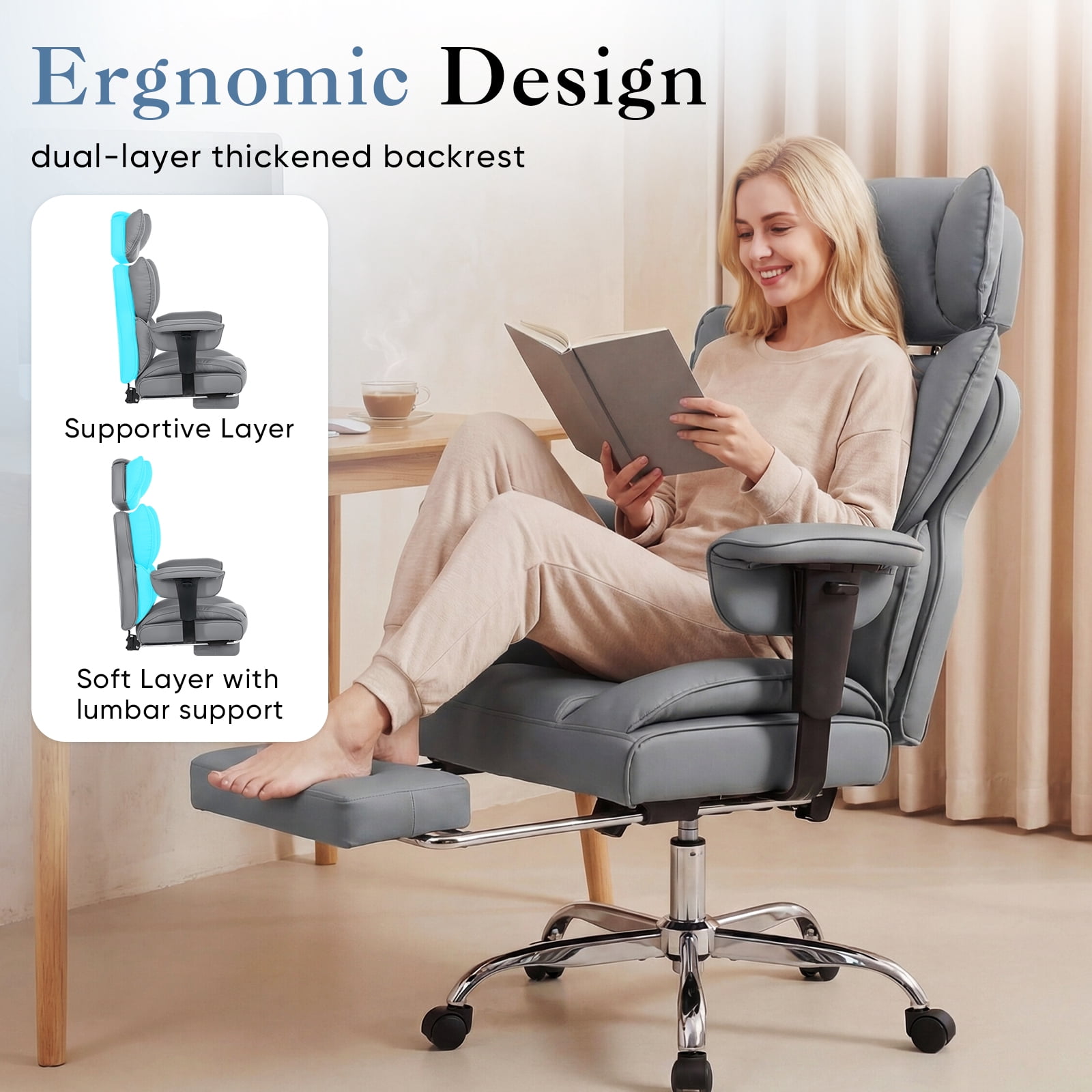 CONCETTA Ergonomic Office Chair 400LBS for Big & Tall, Heavy Duty Desk Chair with Reclining Back, Footrest, Luxurious PU Leather, Gray