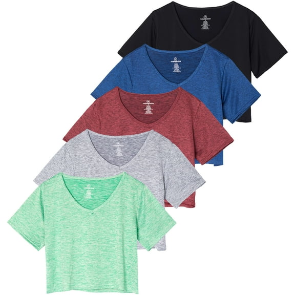 Real Essentials 5 Pack: Women's Dry-Fit Short Sleeve V-Neck Crop Top Boxy Athletic Tee