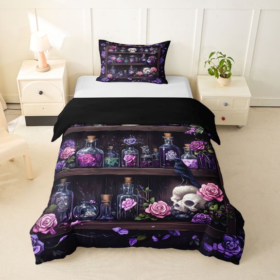 Homewish Magic Witchy Skull Shelf Twin Duvet Cover for Women, Purple Rose Gothic Print Twin Bedding, Black Reversible, 2pcs, 1 Duvet Cover and 1 Pillowcase