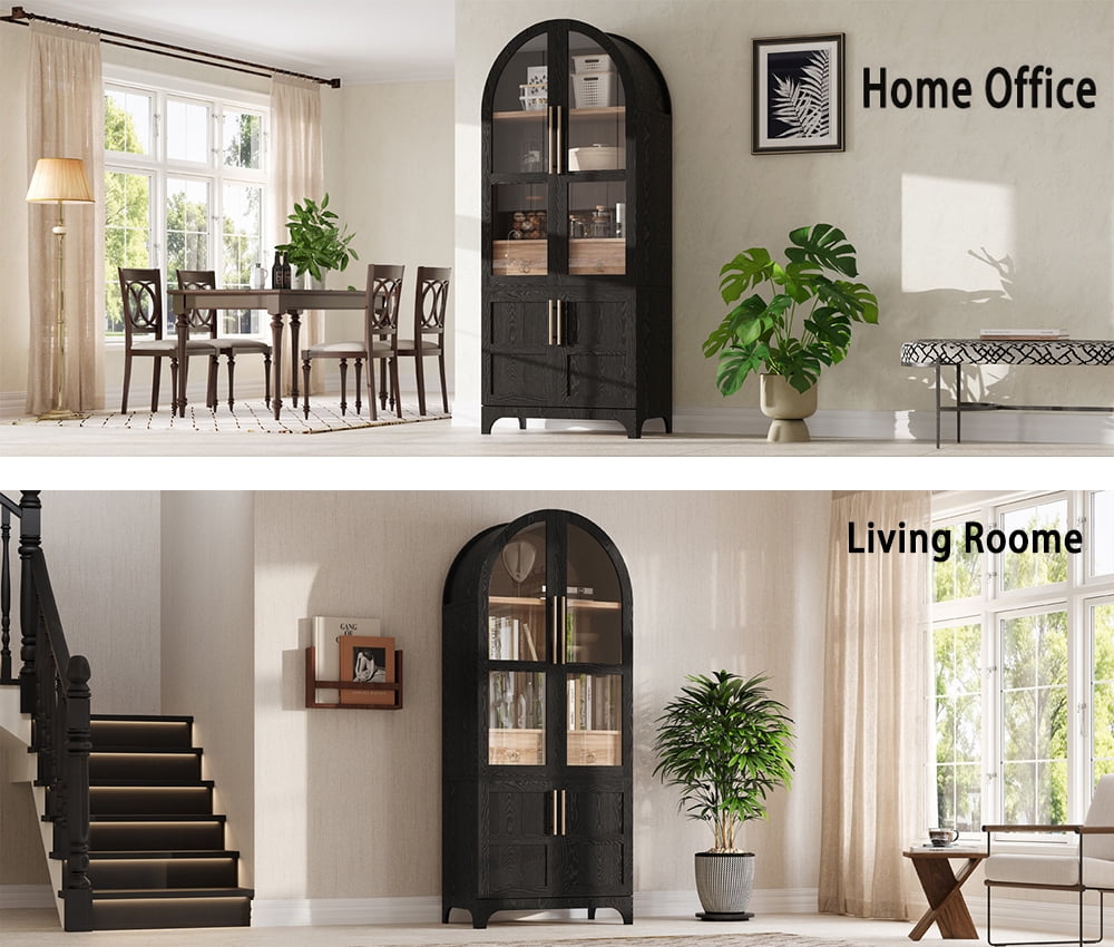 MIDOQIN 71" Tall Arched Kitchen Pantry Cabinet, Farmhouse Storage Cabinets with Adjustable Shelves, Hidden Drawer & Glass Door, Versatile Cupboard