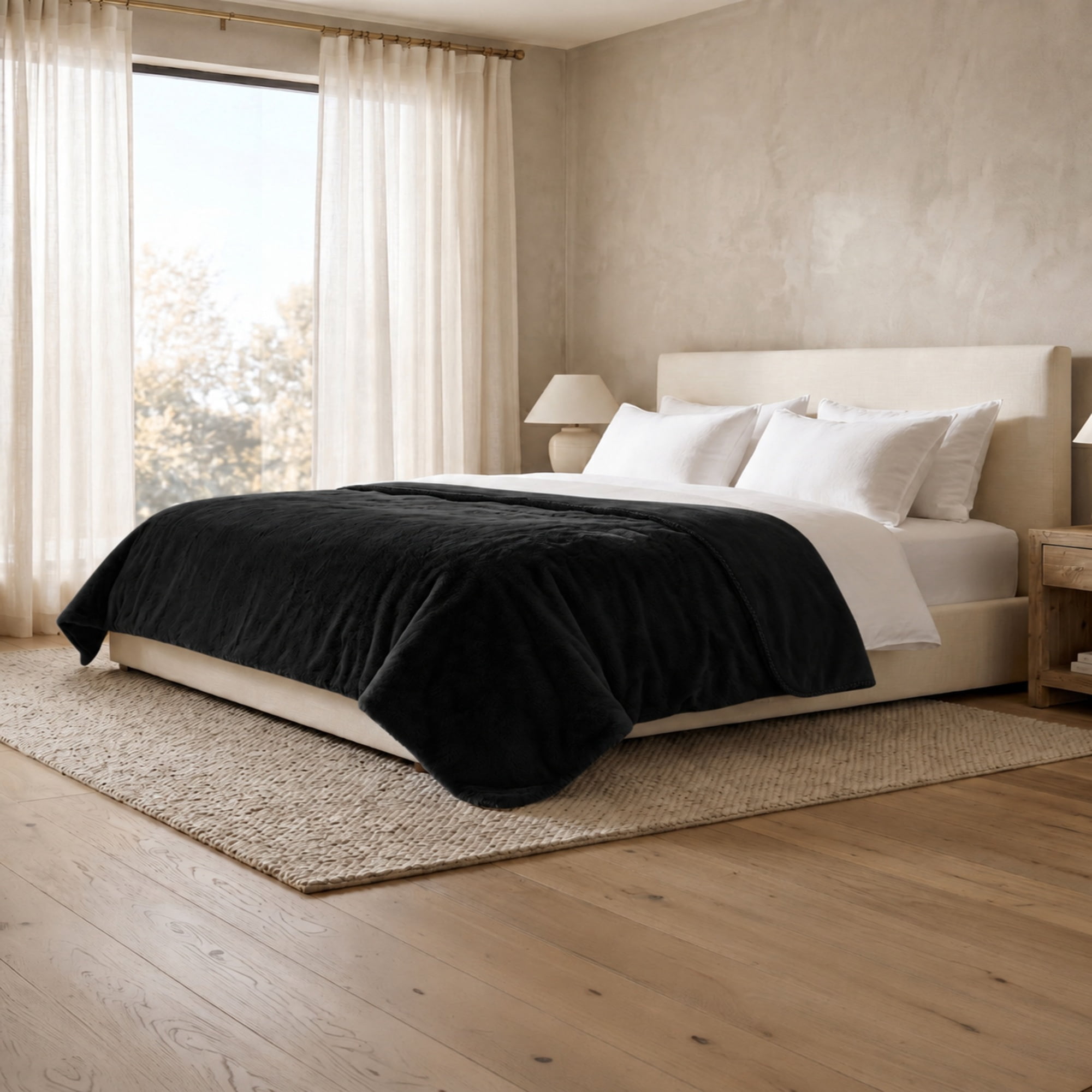 Cozy Haven Luxury Reversible Faux Fur Bed Blanket, Black, King, 102 x 92 in
