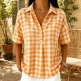 thumbnail image 2 of dgysar Womens Plaid Button Shirts, Relaxed Fit Half Sleeve Lapel Collar Blouse Tops Crafted from Breathable Polyester Fabric with Standard Button Down Neckline Orange 3XL, 2 of 4