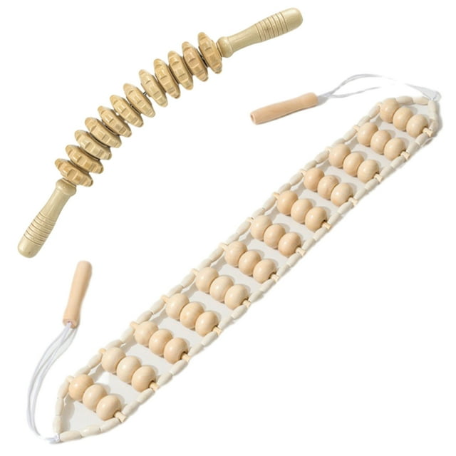 Natural Wood Lymphatic Drainage Kit, 2 In 1 Massage Tools & Equipment With Curved Massage Roller Stick And Rope Massager For Body Sculpting And Anti-Cellulite