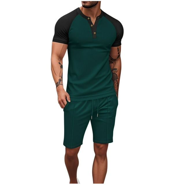 Pantalones de los Hombres Cintura Elástica, Color Casual Bloqueado, Manga Corta Cuello Redondo Bolsillo Shorts Conjunto