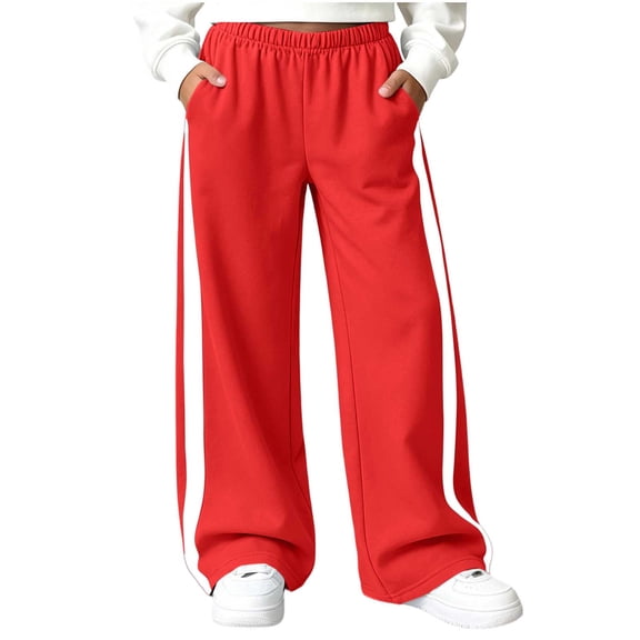 OGLCCG Fleece Sweatpants Girls Side Stripe Wide Leg Active Sweat Pants Elastic Waist Loose Fit Warm Athletic Trousers with Pockets(Red,7-8 Years)