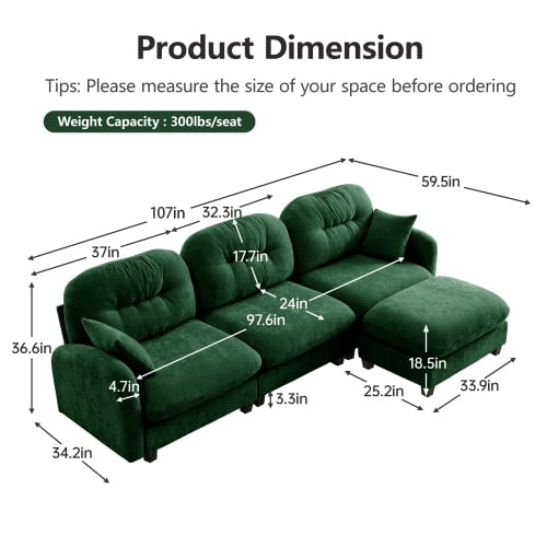 GAKMCIL 107" Loveseat Sofa with 1 Ottoman, 3 Seater with Upholstered Large Size Deep Seat,Cloud Sectional Couches Chenille Fabric for Living Home