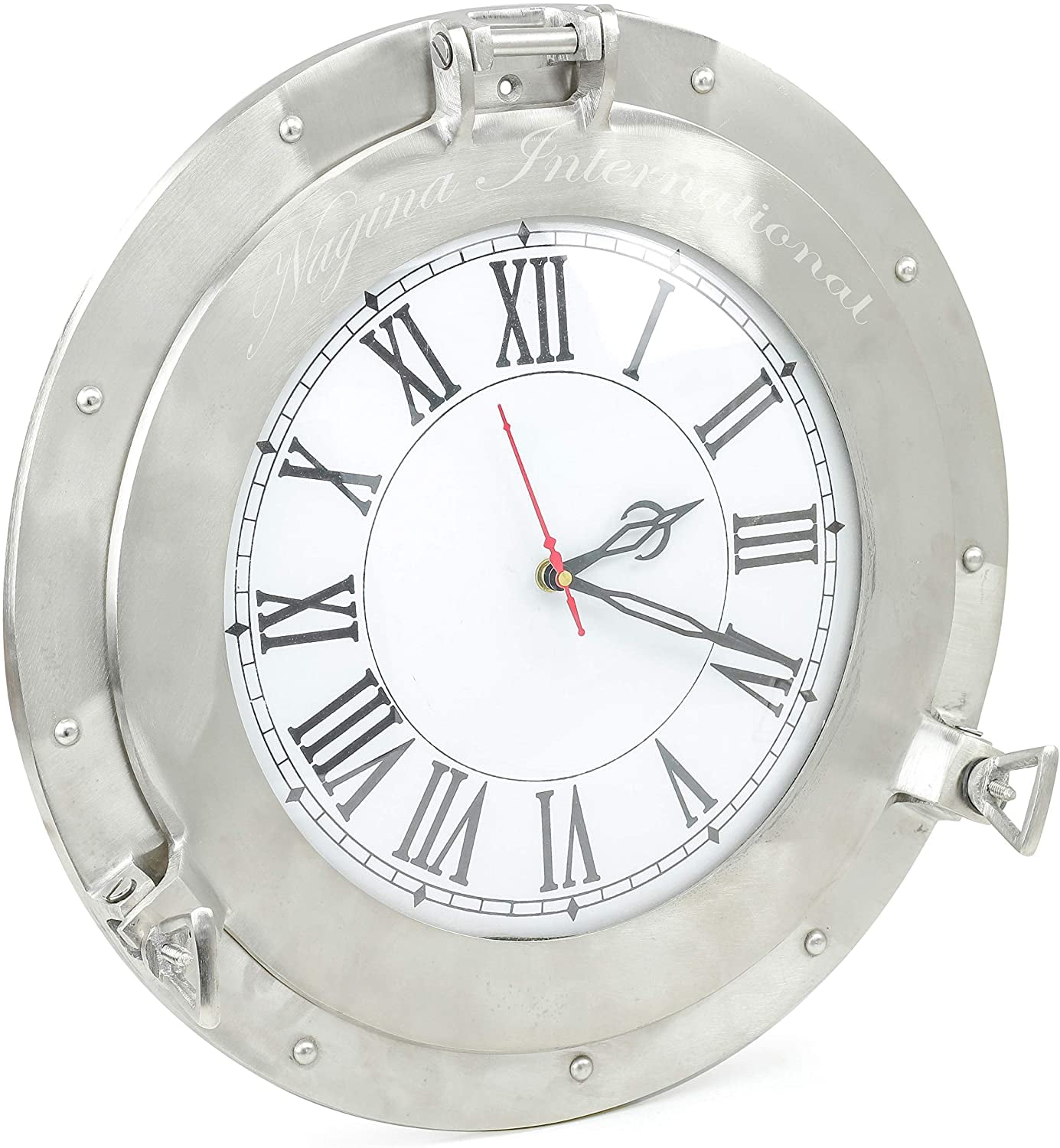 Nagina International Brushed Nickel Aluminum Metal Roman Porthole Clock  Nautical Navy Decor Gifts (12 Inches)