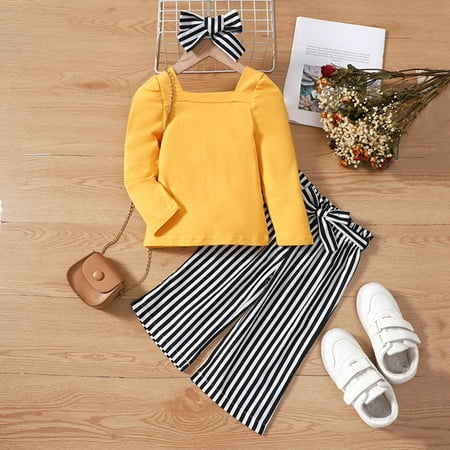 

Toddler Girls Outfit Sets Autumn Winter Striped Long Sleeve Tops With Pants Headbands 3Pc Streetwear