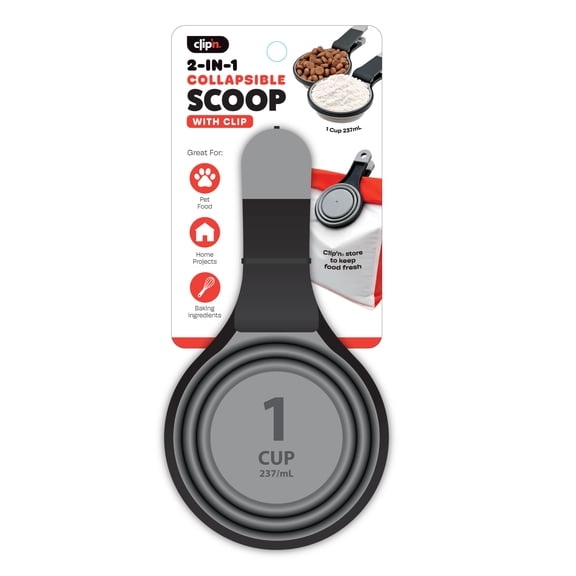 Clip'N 2-in-1 Collapsible Silicone Food Scoop with Bag Clip, 1 Cup Capacity, BPA-Free Kitchen Scoop for Pet Food, Cereal, Rice & Dry Goods, Space-Saving Measuring Scoop
