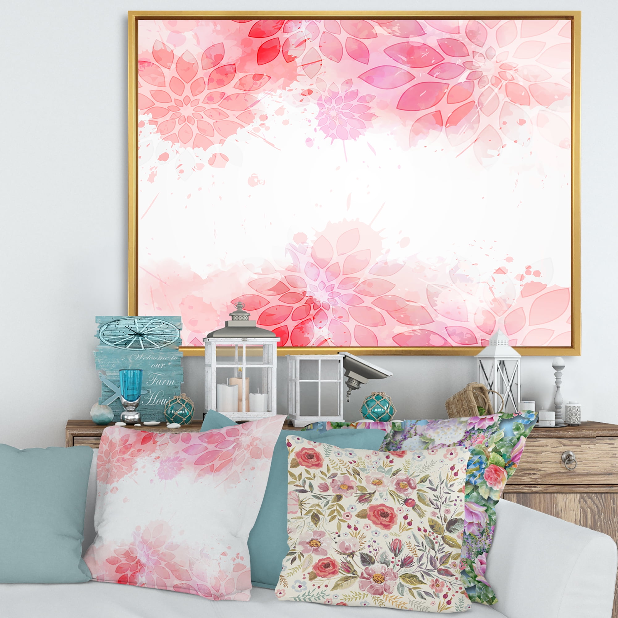 Designart 'Abstract Splashes of Pink Flowers II' Modern Framed Canvas Wall Art Print