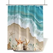 Shower Curtains for Bathroom-60"x72",Coastal Beach Waves Starfish Shell Waterproof Bath Curtain Grommet Shower Curtain Set with Hooks,Natural Coastline Scenery Washable Bath Accessories