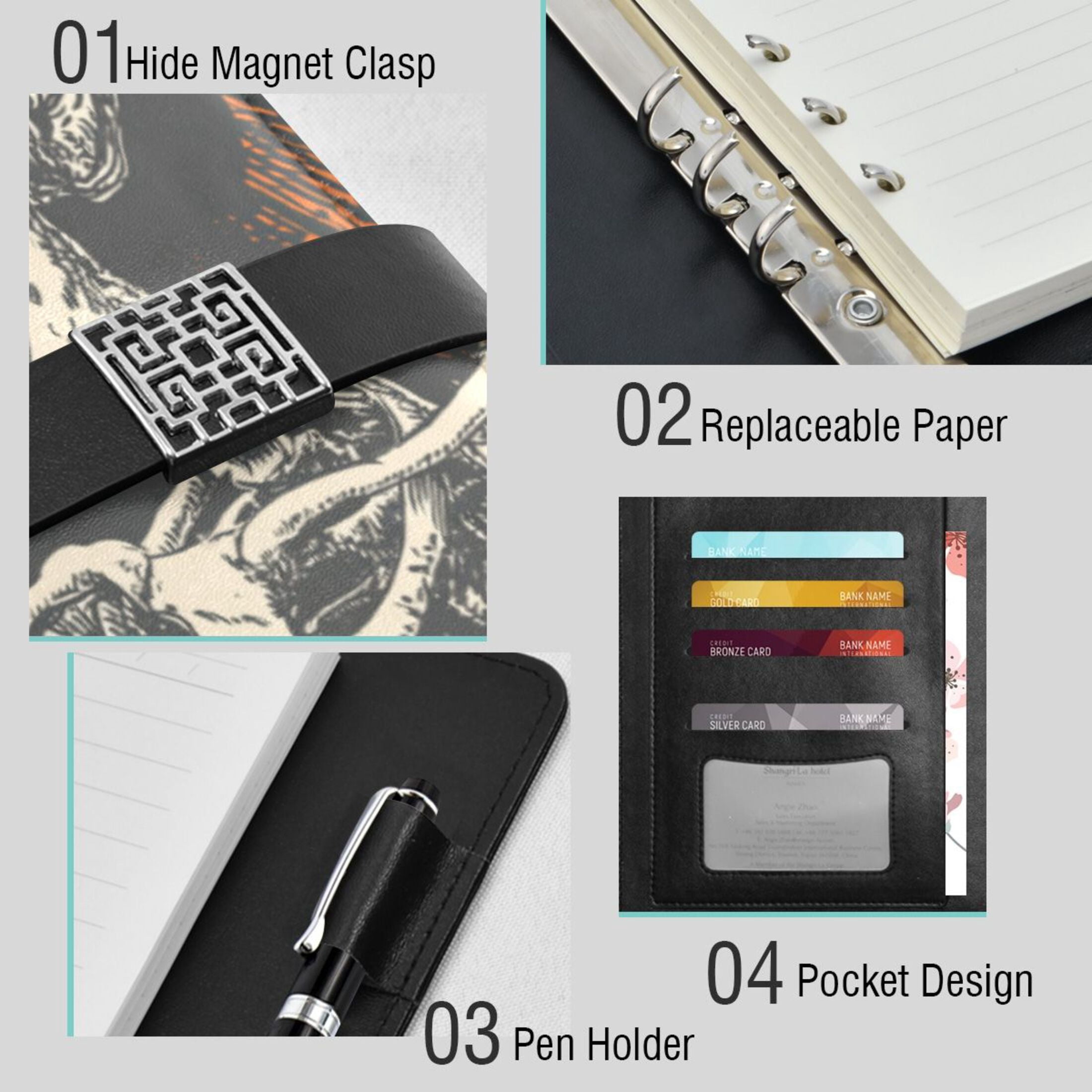 Leather Planner Leather Notebook Notebook Journal Binder Design Pen Pocket Design Convenient for Storage Skeleton Drinking Coffee Pattern