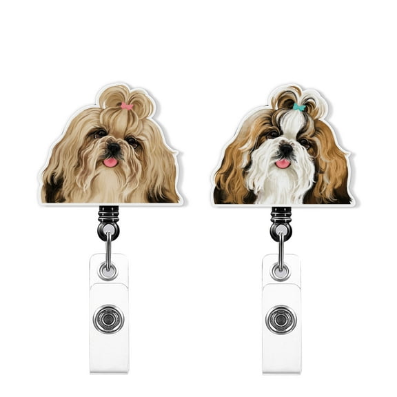 WIRESTER Set 2pcs Design Acrylic Key Card Holder Belt Clip Reel Id Badge Retractable - Shih Tzu Dogs