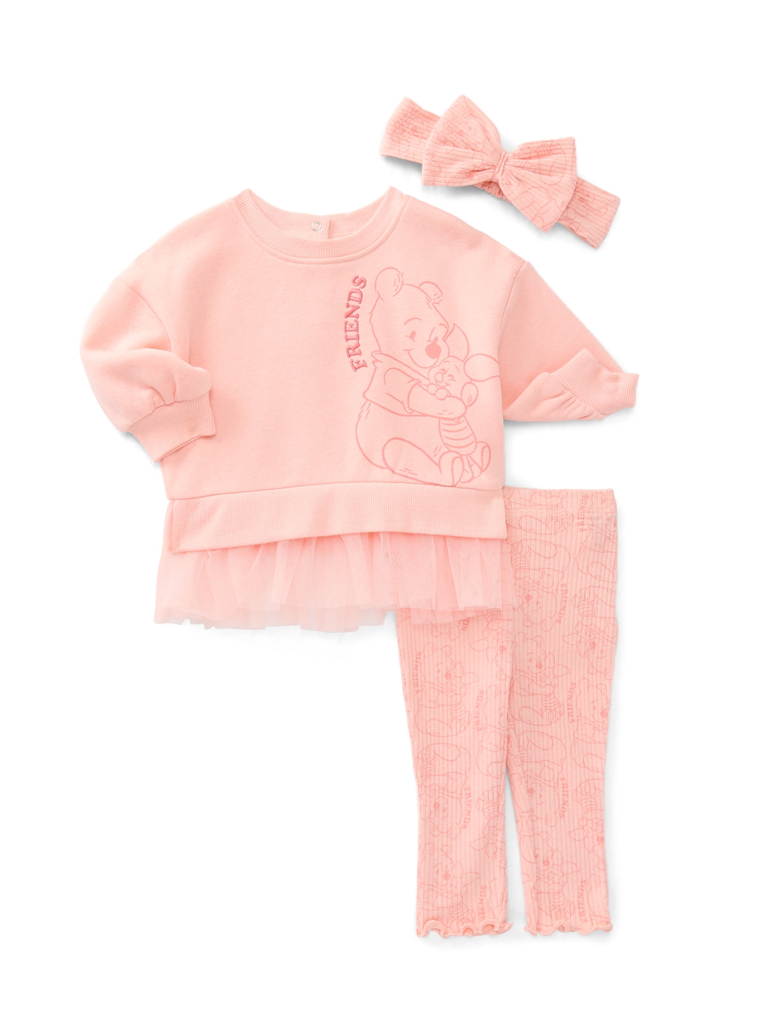 Winnie the Pooh Baby Girls Graphic Tulle Sweatshirt and Printed Leggings with Bow Headband Set, 3-Piece, Sizes 0/3M-24M
