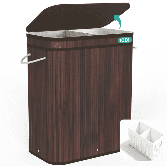 MEHOOM 100L Bamboo Laundry Hamper with Lid, Foldable Clothes Basket for Bedroom, Laundry Room, Small Spaces (Brown)