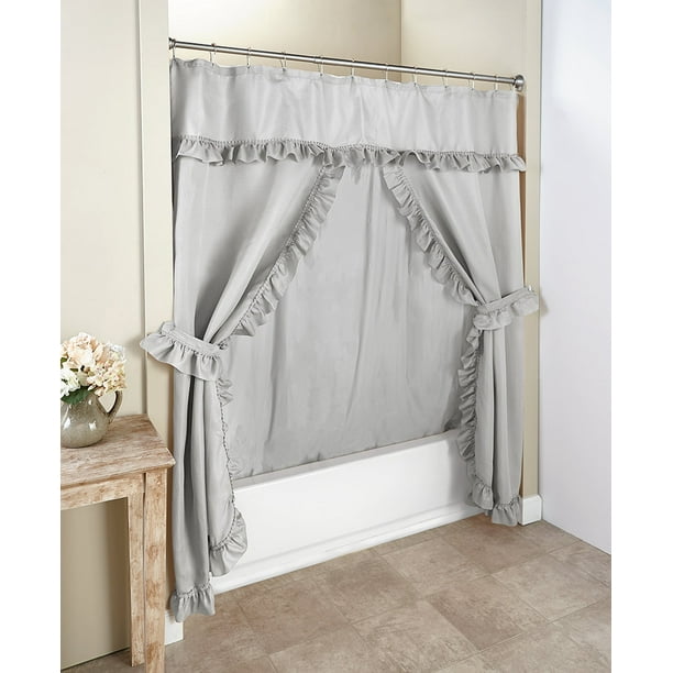 Ruffled Double Swag Shower Curtain Sets Light Gray Polyester Com Ruffled Double Swag Shower Curtain Sets, Double Shower Curtains With Valance