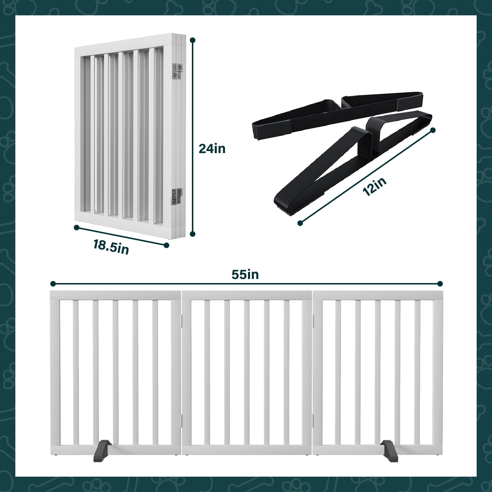 Semiocthome Foldable Dog Gate Bamboo Extra Wide Pet Gate with 2 Metal Stand for Indoor,White,55"W