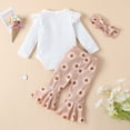 thumbnail image 4 of Odeerbi 3M-3Y Conjunto de Canastilla Para Niña Traje de Punto de Canalé Pantalones Acampanados de Flores Con Cinta Para La Cabeza Tops Con Volantes Cintura Elástica Pantalones de Campana, 4 of 9