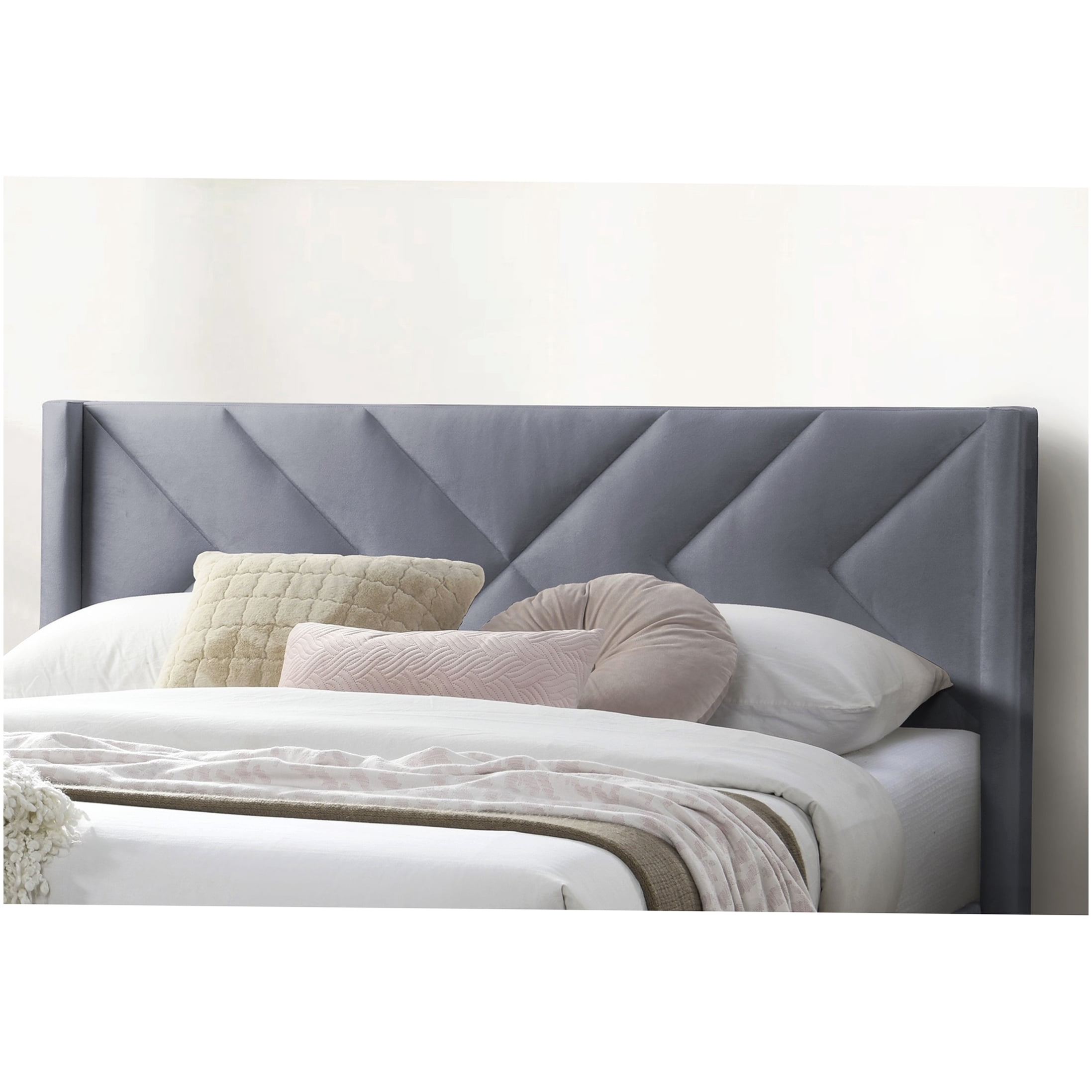 Modern Velvet Upholstered Bed Frame, Queen Platform Bed with Geometric Headboard, Grey Fabric Frame, No Box Spring Needed with Storage Space