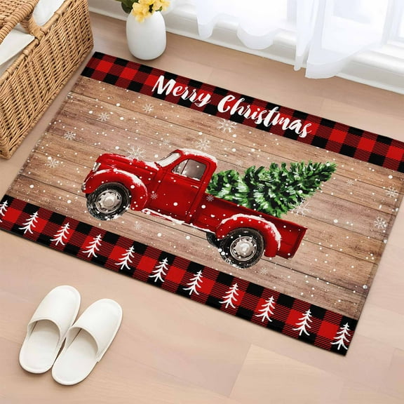Red Truck Christmas Bathroom Rug Washable 2x3 Entryway Rug Non Slip Plaid Xmas Tree Snowflake Vintage Front Door Mat Low Pile Indoor Doormat Throw Floor Carpet for Kitchen Bedroom Entrance