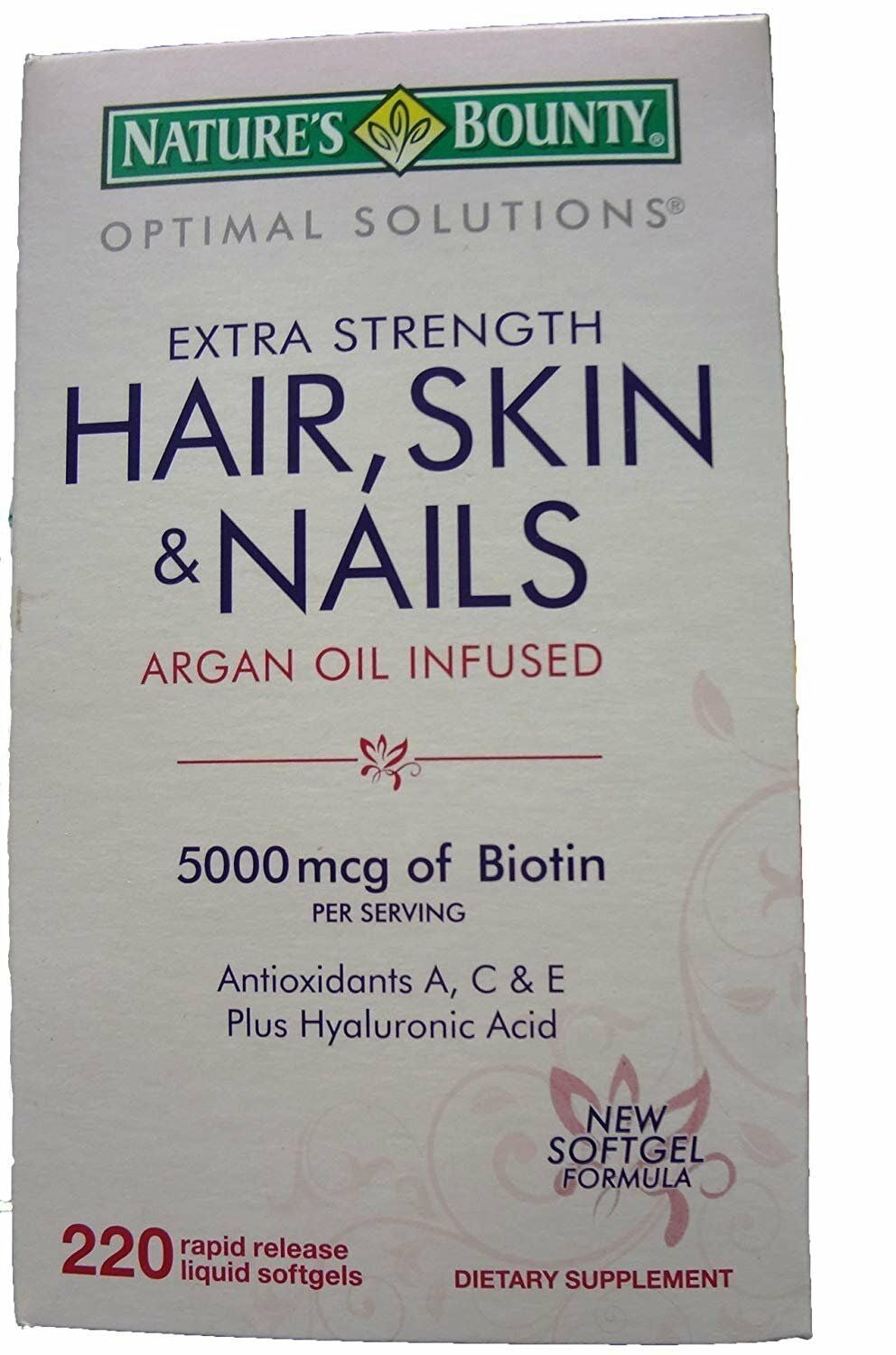 Nature's Bounty Optimal Solutions Extra Srength Hair Skin & Nails 5000 mcg of Biotin, Softgels 150 ea (Pack of 4)