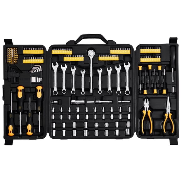 221 Piece Mechanics Tool Set with 1/4 and 3/8 Drive Sockets SAE Metric Tool Kit Bits Wrenches Ratchet Handle Accessories Plastic Storage Case for Automotive Repair