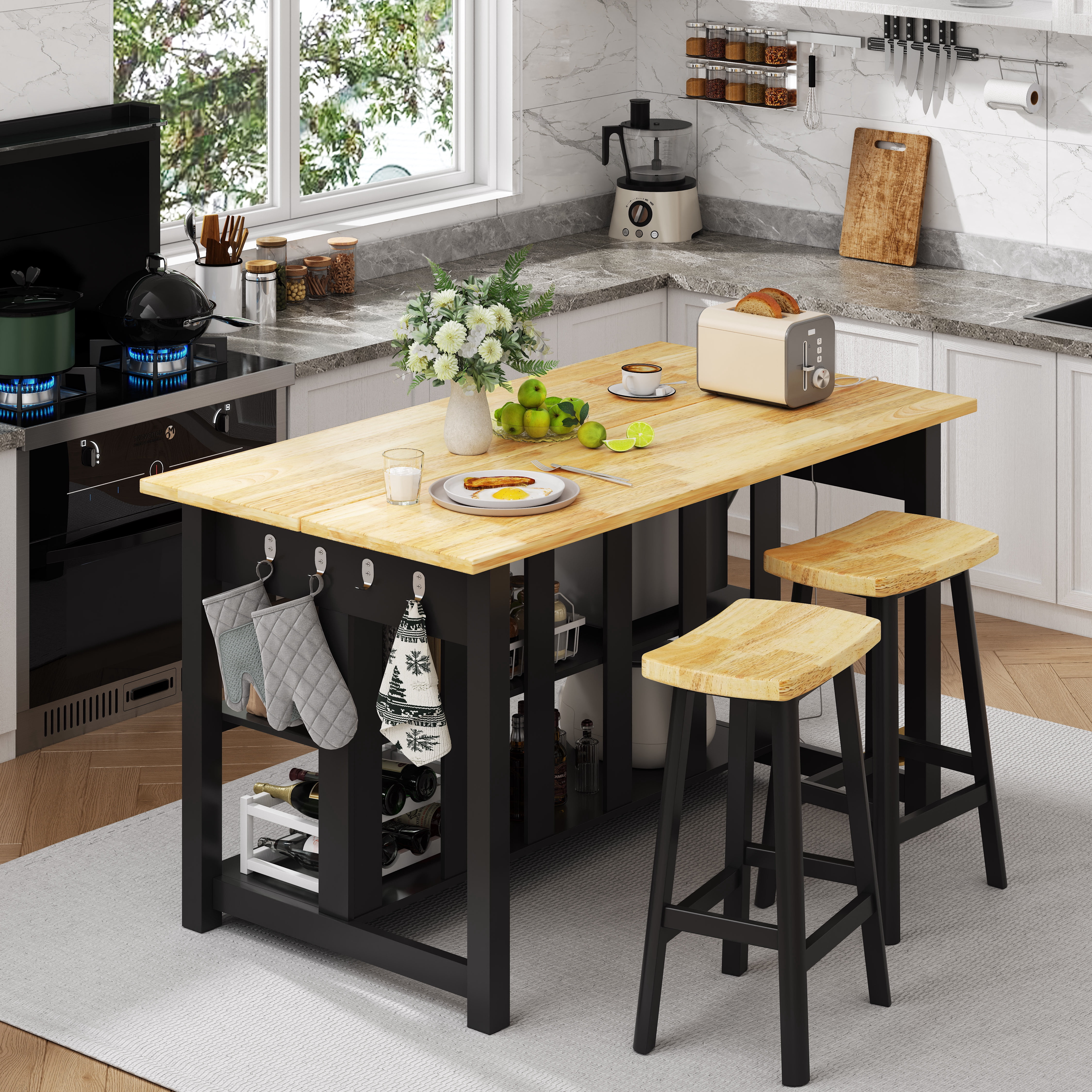 ChicZhiNest Kitchen Island with Power Outlet, 47.3" Rubber Solid Wood Countertop Kitchen Island with 2 Storage Drawers and 6 Hooks, Black